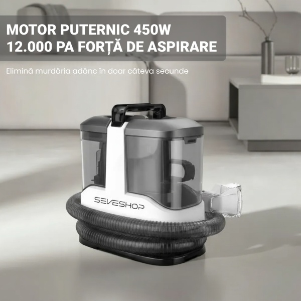 Aspirator Cu Spalare 3 In 1, SeveShop® C3, Aspirator Cu Extractie Pentru Tapiterii Si Covor, Putere 450W, Aspirator Cu Rezervor Dublu 1L + 0.5L, Putere De Aspirare 12000Pa, Motor Cu Perii, Zgomot ≤80dB, Compact, Portabil, Ideal Auto, Canapea, Gri - Img 8