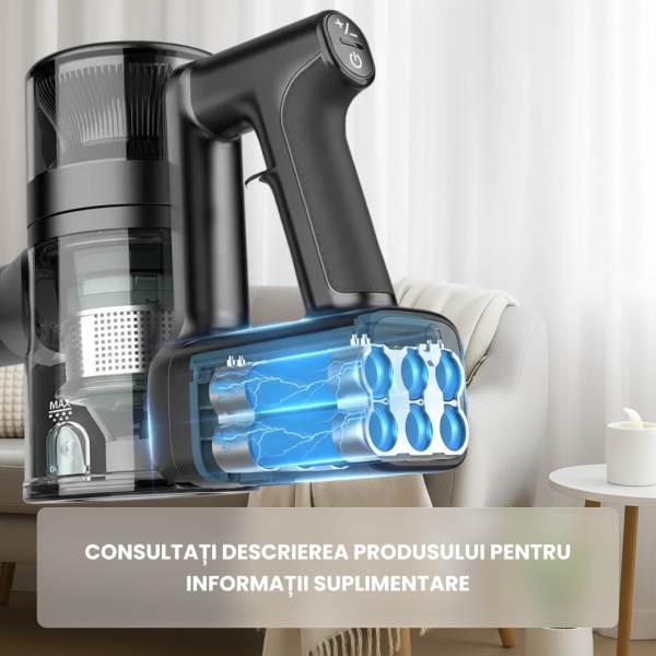 Aspirator Vertical, SeveShop®, P11 Pro 4 in 1 cu Putere 30000Pa, Motor 250W, Filtrare in 5 Etape cu HEPA Lavabil, Autonomie 50 Minute, Baterie Detasabila 22.2V, Perie cu LED, Sistem Anti-Incurcare, Capacitate 450ml, Tehnologie Cyclone, 1210x250x200 mm, Ve - Img 8