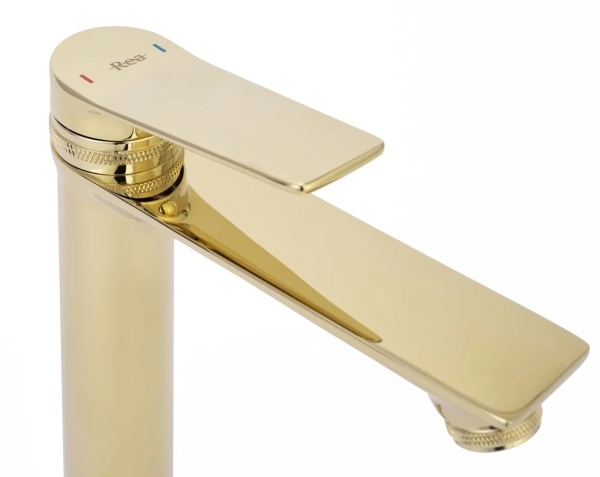 Baterie Lavoar REA VIRAL GOLD LOW, Montaj Pe Blat, Capat Fix, Monocomanda, Inaltime 18 Cm, Auriu - Img 4