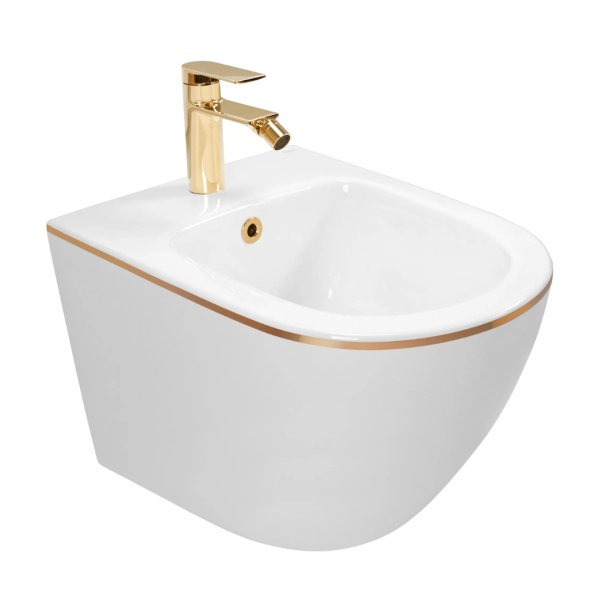 Bideu REA CARLO MINI, Montaj Suspendat, Ceramica Sanitara, 49.5x37x32.5 cm, Alb/Auriu - Img 5