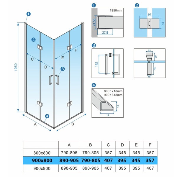 Cabina de dus cu usi pliabile KZ12A dreptunghiulara, Dimensiune 90x80cm, Culoare Auriu Periat - Img 3