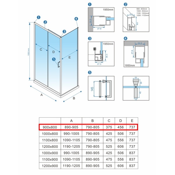 Cabina de dus dreptunghiulara KZ103, Dimensiune 90x80cm, Culoare Auriu Periat - Img 2