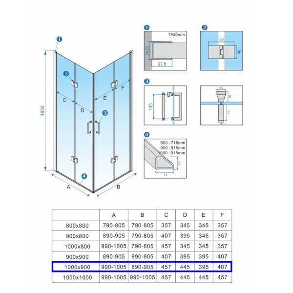 Cabina de dus Dreptunghiulara KZ13A Cu usi Pliabile, Dimensiune 100x90cm ,Culoare Negru - Img 2
