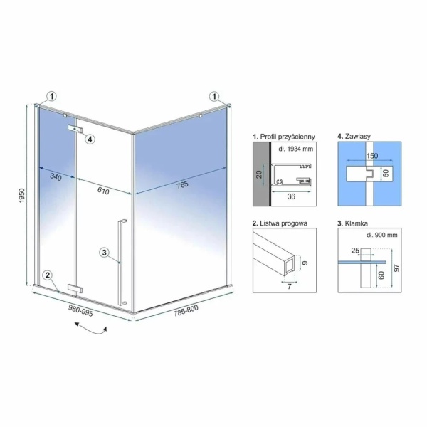 Cabina de dus Fargo, Dimensiune 100x80cm, Culoare Gold - Img 3