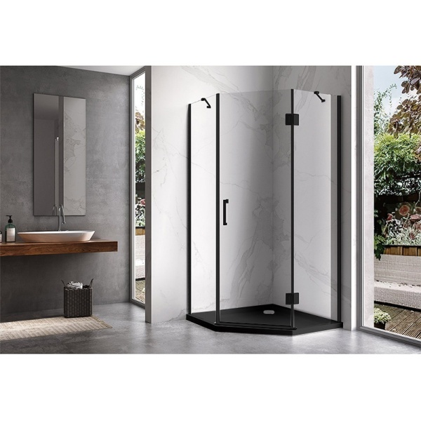 Cabina de dus KZ10C Pentagonala 100x100cm Design Modern + Cadita de dus, Culoare Negru - Img 4