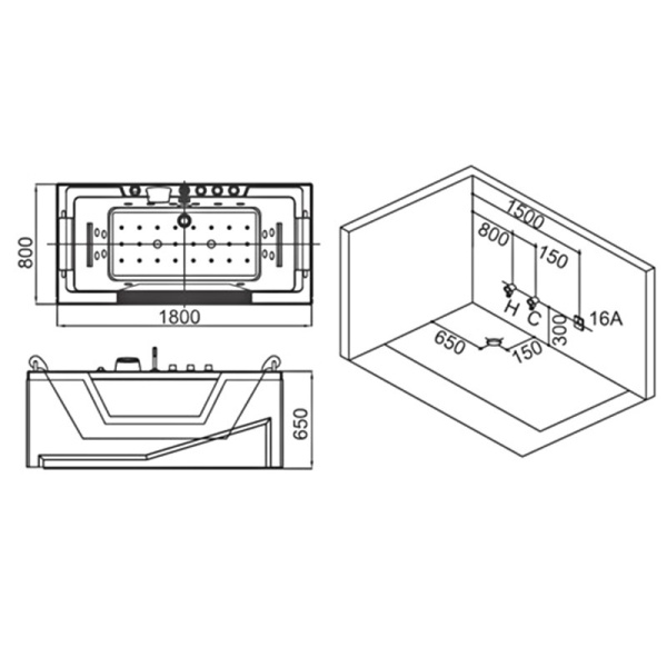 Cada de baie CARINA 938, Dimensiune 182x82cm, Cu hidromasaj si incalzitor, Culoare Alb - Img 4