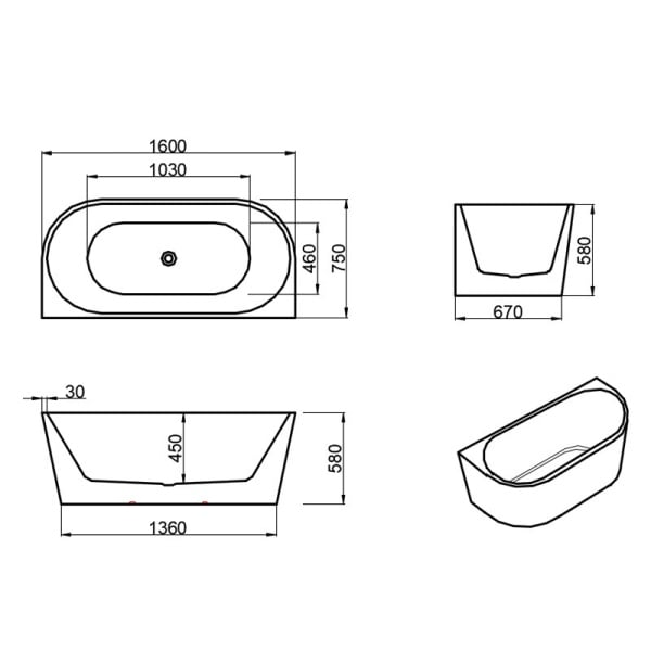 Cada de baie LENA 527C, Dimensiune 160x75cm, Culoare Alb, Deversor Auriu Periat - Img 6