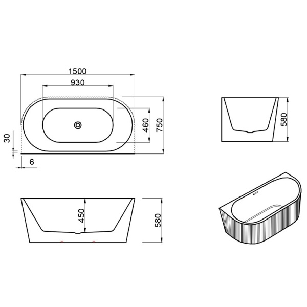 Cada de baie suport CARLO 517B, Dimensiune 150x75cm, Culoare Alb, Deversor Negru - Img 10
