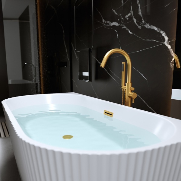 Cada de baie suport CARLO517C, Dimensiune 160x75cm, Design Elegant, Culoare Alb, Deversor Auriu Periat - Img 3