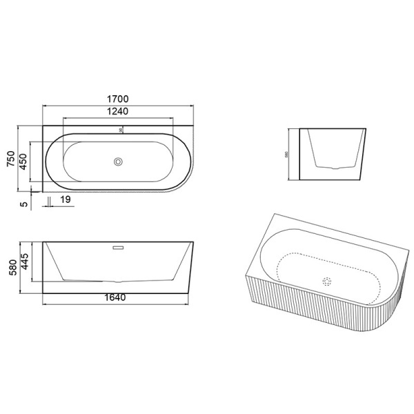 Cada de baie suport RIO 504D, Dimensiune 170x75cm/Stanga, Culoare Alb, Deversor Auriu Periat - Img 7