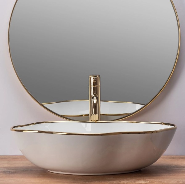Chiuveta de blat REA ERA PEARL GOLD, Dimensiuni 51.5x 37.5 x13.5cm, Forma asimetrica, Ceramica sanitara, Alb Auriu - Img 4