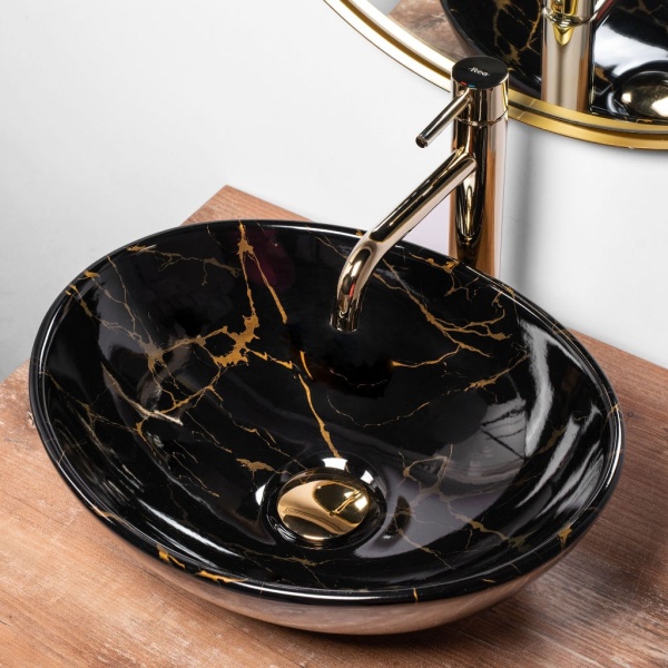 Chiuveta de blat REA SOFIA BLack Marble, Dimensiuni 41 x 34.5x 15 cm, Forma Ovala, Ceramica sanitara, Negru/Auriu - Img 2
