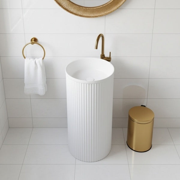 Chiuveta rotunda independenta tip piedestal din ceramica Scot3 alb H86 x ??40 cm - Img 10