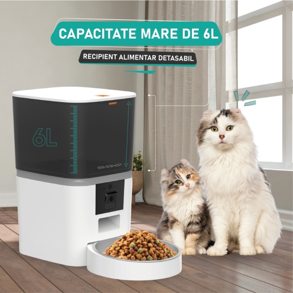 Hranitor automat SeveShop QQ009 WiFi, camera video, audio, vas inox, functie dozator caini sau pisici, functie adapator, sunet hranire, programabil, sursa alimentare dubla, 6L, aplicatie telefon, alb - Img 3
