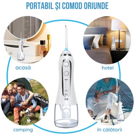 Irigator Oral Profesional pentru Dus Bucal, SeveShop, Fara Fir, Portabil, IPX7, Presiune 30-110 PSI, 6 Capete Curatare, Rezervor 300 ml, Baterie 2000mAh, 5 Viteze, Curatare Interdentara si Subgingivala, Protectie Supraincalzire, Alb Alpin - Img 6