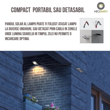 Lampa Solara LED Portabila de Exterior, Neosimply Camping, 1000 lumeni, 21 OSRAM LEDs, 4 Moduri de utilizare, cu senzor de proximitate si panou solar detasabil prin cablu de 4 Metri - Gri Antracit - Img 2