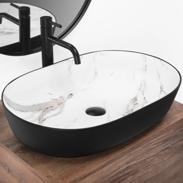 Lavoar De Blat REA CLEO BLACK AIAX MATT, Dimensiuni 60.5X 41 X 14 Cm, Montaj Pe Blat, Forma Ovala, Ceramica Sanitara, Negru/Gri-Maro - Img 6
