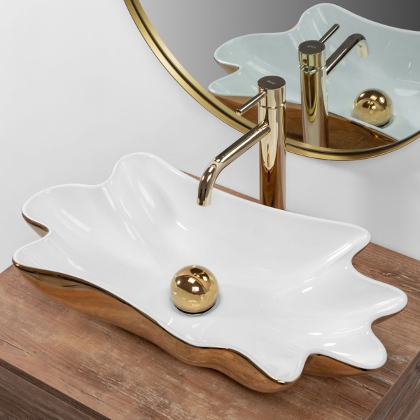 Lavoar De Blat REA INFINITY WHITE GOLD, Dimensiuni 62 X 33 X 11.5 Cm, Montaj Pe Blat, Design Deosebit,Ceramica Sanitara, Alb / Auriu + Dop Click-Clack - Img 7