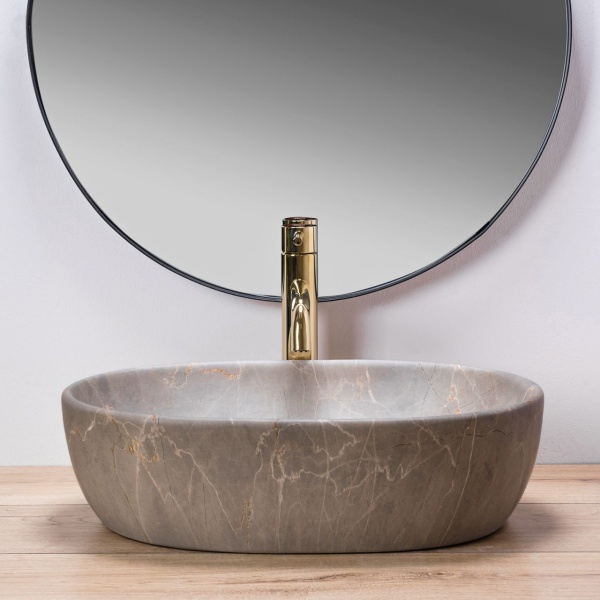 Lavoar de blat REA LARA BEIGE, 48.5x 35x 13.5 cm, Montaj Pe Blat, Design Deosebit, Forma Rotunda, Ceramica Sanitara, Bej - Img 3