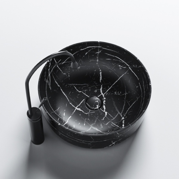 Lavoar pe blat, Fino, marmura ceramica negru cu model alb, Rotund 41,5cm - Img 7