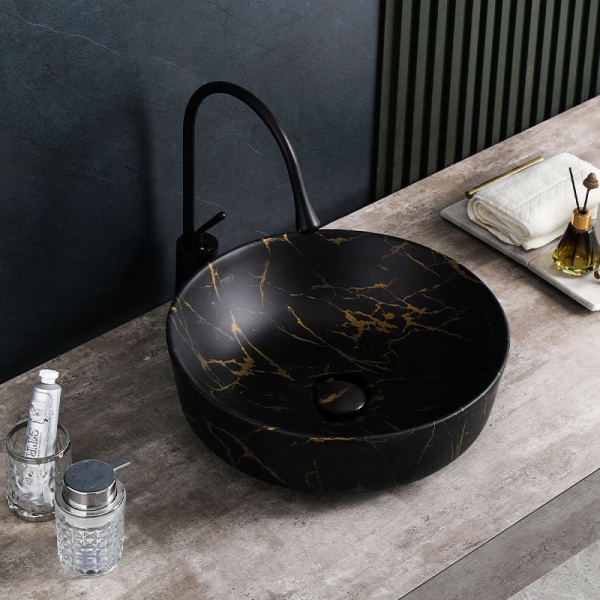 Lavoar pe blat, Fino, marmura ceramica negru cu model auriu, Rotund 41,5cm - Img 8
