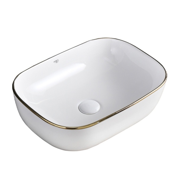 Lavoar pe Blat, Milo, Marmura Ceramica, Alb Lucios cu margine Gold Lucios , Dreptunghiular 45,5 x 32,5 x 13,5 cm - Img 7
