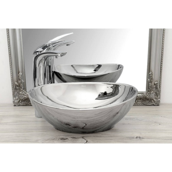 Lavoar REA Sofia Silver, 42x34x14 cm, montaj pe blat, design deosebit, ceramica sanitara, Argintiu - Img 3
