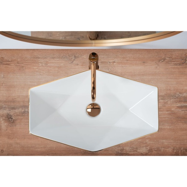 Lavoar REA VEGAS ROSE GOLD EDGE 57x37 cm, montaj pe blat, design deosebit, ceramica sanitara, Alb - Img 6