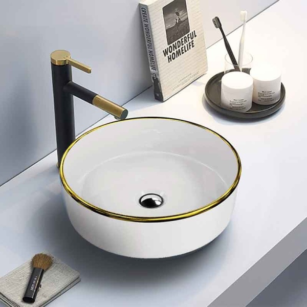Lavoar rotund cu montare pe blat Spectrum Rosina Gold Line alb-auriu - Img 2
