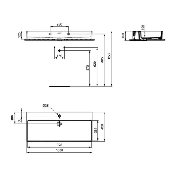 Lavoar suspendat Ideal Standard Atelier Extra alb lucios cu orificiu baterie si preaplin 100 cm - Img 9