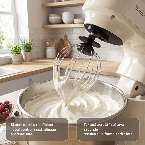 Mixer Cu Bol 4.7L SeveShop® Teendow, Din Inox, Mixer Profesional 1500W, 12 Trepte De Viteza, Mod Pulse, Cap Rabatabil, Accesorii Incluse Pentru Framantare, Mixare Si Batere, Mixer Bucatarie Pentru Aluat, Creme Si Deserturi, Culoare Alba - Img 4