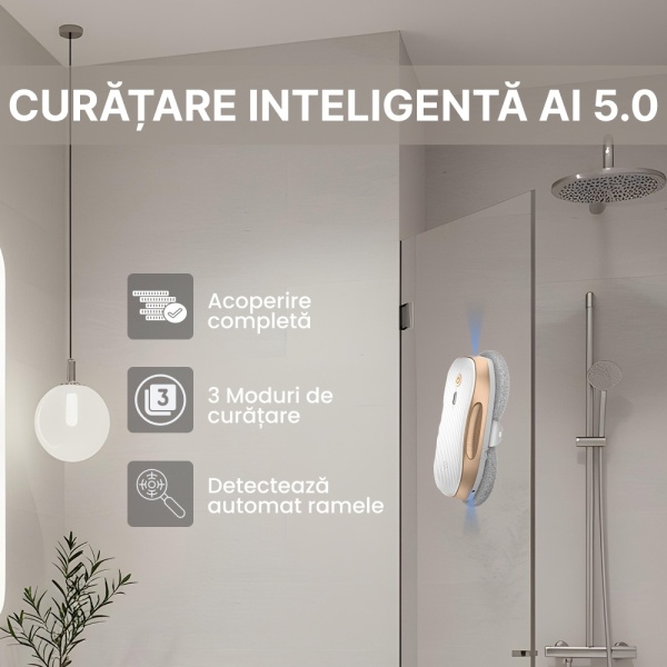Robot Curatare Geamuri, SeveShop®, Robot Spalat Geamuri Cu Pulverizare Apa Bidirectionala, Stergator Electric Ultra-Subtire Pentru Sticla, Aspirator Geamuri Cu Control APP Si Telecomanda, Tehnologie iAdapt, Protectie Cvadrupla, Alb - Img 5