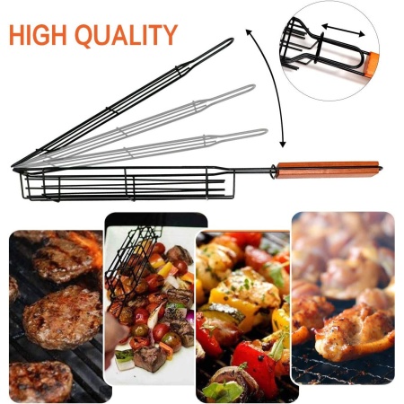 Set pentru Gratar compus din 4 grile extra lungi din otel inoxidabil cu maner de lemn plus manusa si termometru digital pentru carne, legume, fructe de mare - Img 2