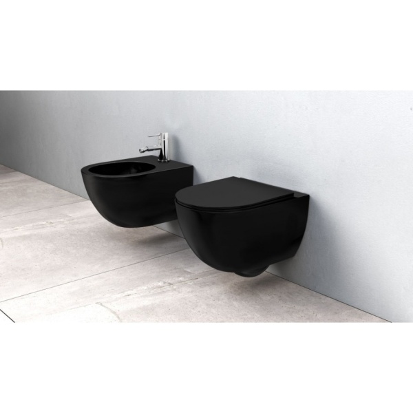 SET Vas WC REA CARLO Mini Rimless, Suspendat, Ceramica Sanitara, 49.5 X 37 X 35.5 cm, Capac Soft-Close Inclus, Negru Mat - Img 2