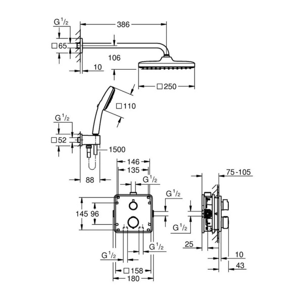 Sistem de dus incastrat Grohe Precision cu palarie patrata Vitalio Comfort 250 negru mat - Img 6
