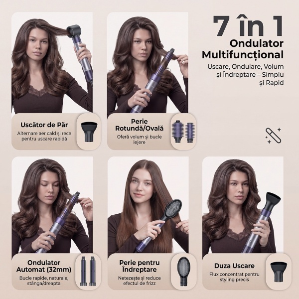Uscator Par SeveShop® 7 In 1, Feon, Ondulator Automat, Uscator Par Cu Motor 1500W, Perii Styling Pentru Volum, Ondulator Automat Auto-Wrap, Perii Styling Pentru Indreptare, 4 Trepte Temperatura, 3 Viteze Aer, Ionizare Anti Frizz, Mov - Img 8