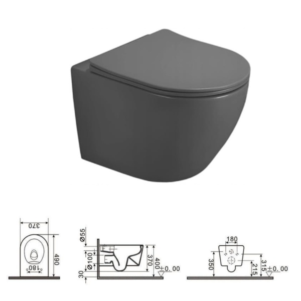 Vas WC PRO VITO SLEEP LOUNGE PREMIUM SLIM, Suspendat, Ceramica Sanitara, 49 X 37 X 37 Cm,Scaun Soft-Close Inclus, Design Deosebit,Gri Inchis - Img 2