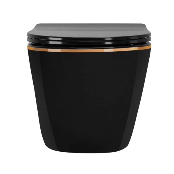 Vas WC REA CARLO MINI RIMLESS, Montaj Suspendat, Ceramica Sanitara, Capac DUROPLAST FLAT Soft-Close Inclus, Negru/Auriu - Img 2