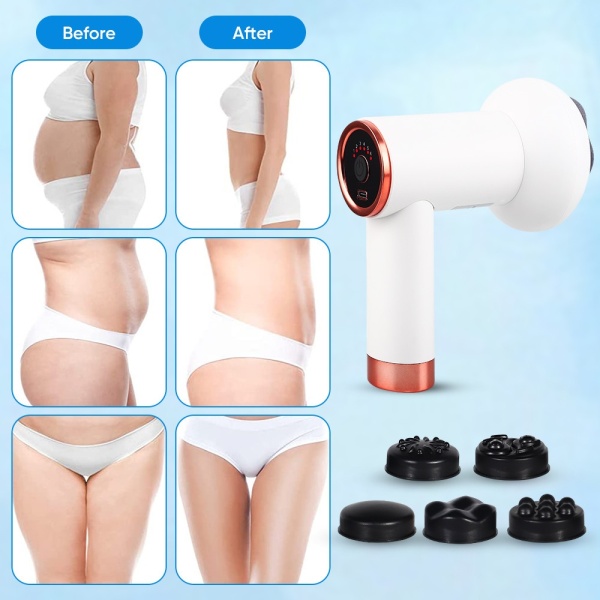 Aparat de Masaj Anticelulita 5 in 1, SeveShop, 5 Capete Interschimbabile, 6 Trepte Vibratii, 3200 RPM, Baterie 1200 mAh, Electric, Fara Fir, Reincarcare USB-C, Putere 30 W, Pentru Tot Corpul, Relaxare, Tonifiere Musculara, Alb - Img 5