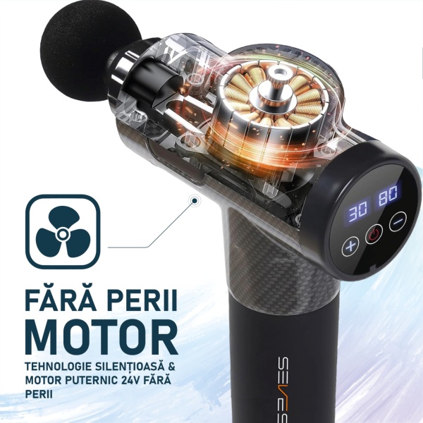 Aparat pentru Masaj Profesional Tip Pistol SeveShop, 8 Capete Interchangeabile, 30 Viteze, Motor Silentios Fara Perii, 3200 Percutii pe Minut, Baterie 2500mAh, Servieta Depozitare Inclusa, Ideal pentru Relaxare si Ameliorare Durere pe Corp, Negru - Img 4
