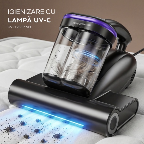 Aspirator Antiacarieni, SeveShop®, Aspirator Cu Filtru HEPA Lavabil, Motor 500W, 16000Pa, Vibratii Deprofundare, Lampa UV-C 253.7nm, Incalzire Aer, Aspirator Ideal Pentru Saltele Si Canapele, Usor De Manuit, Aspirator Cu Actiune Profunda, Negru - Img 6