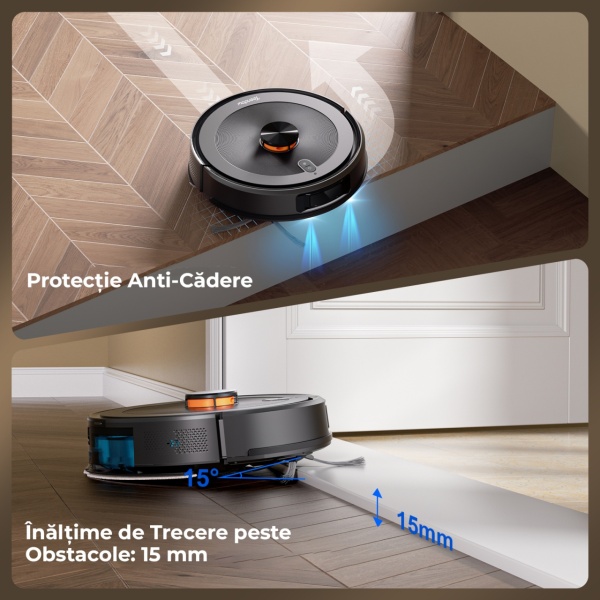 Aspirator Robot Podea 3 in 1 SeveShop® D10S Teendow, Functie Mop, WiFi Navigatie LiDAR 360°, Harti Multi-Etaje, Putere de Aspirare 4500 Pa, Control prin Teendow si Alexa, Spalare, Multi-Suprafete, Aspirare Robot, Autonomie 2600 mAh, Slim 9.8 cm, Negru - Img 5