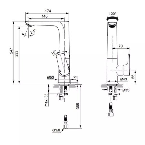 Baterie lavoar inalta Ideal Standard Connect Air argintiu Silver Storm cu pipa rotativa - Img 4