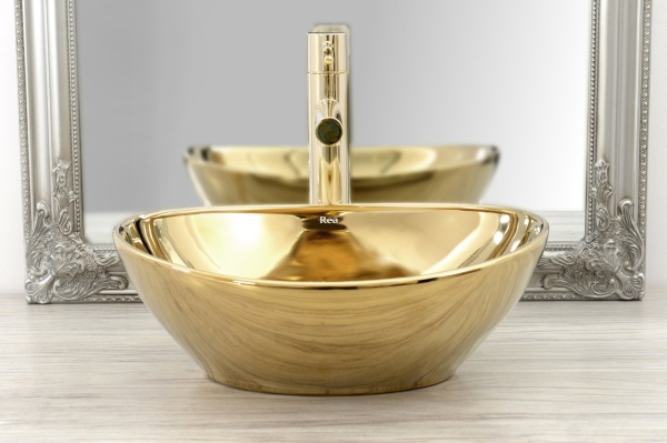 Baterie Lavoar REA TESS LIGHT GOLD, Montaj pe blat, Inaltime 32 cm, Finisaj Auriu - Img 4