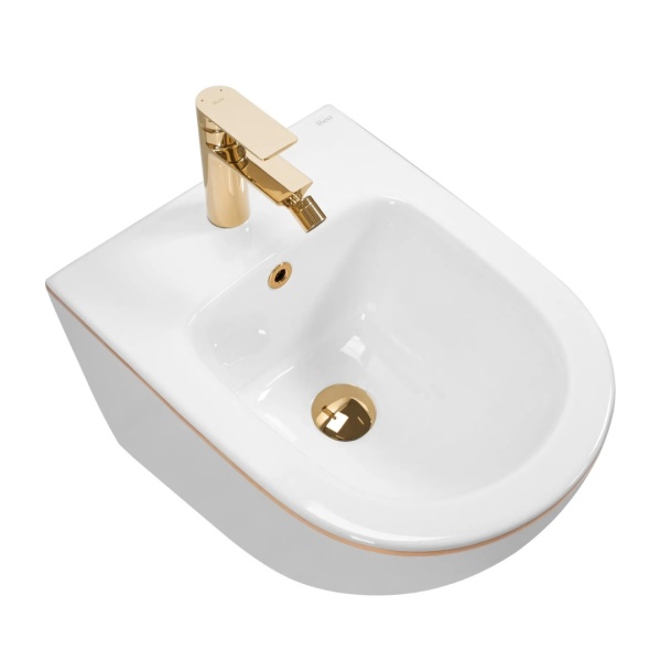 Bideu REA CARLO MINI, Montaj Suspendat, Ceramica Sanitara, 49.5x37x32.5 cm, Alb/Auriu - Img 2