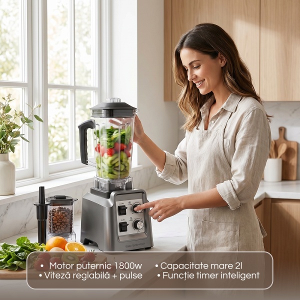 Blender Profesional 2 In 1 SeveShop® Teendow, Motor Puternic 1800W, Blender Cu Rasnita Cafea, Functie Timer, Pulse, Intensitate Viteza Reglabila, 6 Lame Inox Multifunctionale, Blender Multifunctional Smoothie, Sucuri Si Macinare, Capacitate 2L, Gri - Img 2