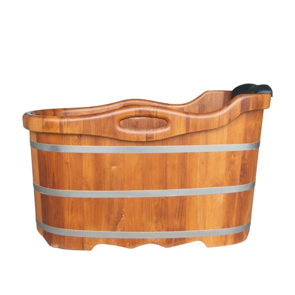Cada de baie freestanding ovala din lemn, Cu scaun si tetiera, Dimensiuni 160x65x70 cm - Img 2