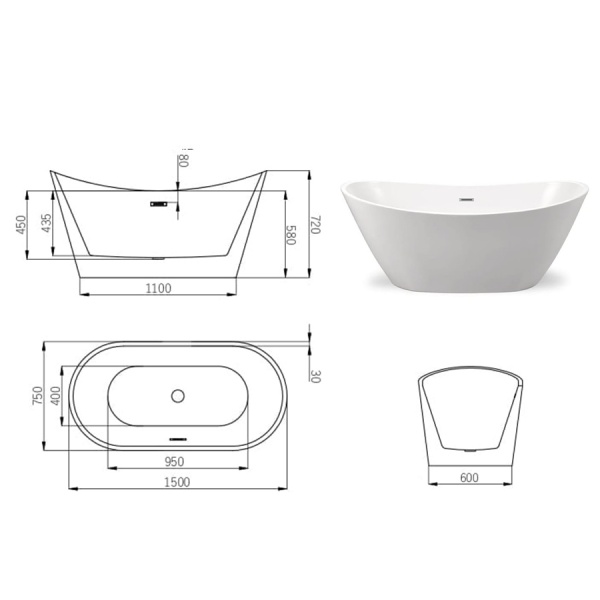 Cada de baie PRO OLSENA 150 cm, free-standing, design modern, Alba - Img 2