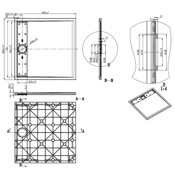 Cadita de dus DEKO Slim, Structura de piatra 80x80cm, Culoare Alb - Img 9