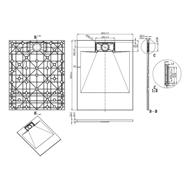 Cadita de dus MIKO Slim, Structura de piatra 100x80cm, Culoare Negru - Img 9